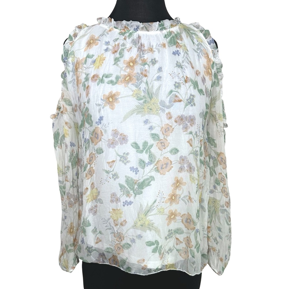 Giusy Italy 100% Silk Floral Cold Shoulder Ruffle Blouse White Small Cottagecore